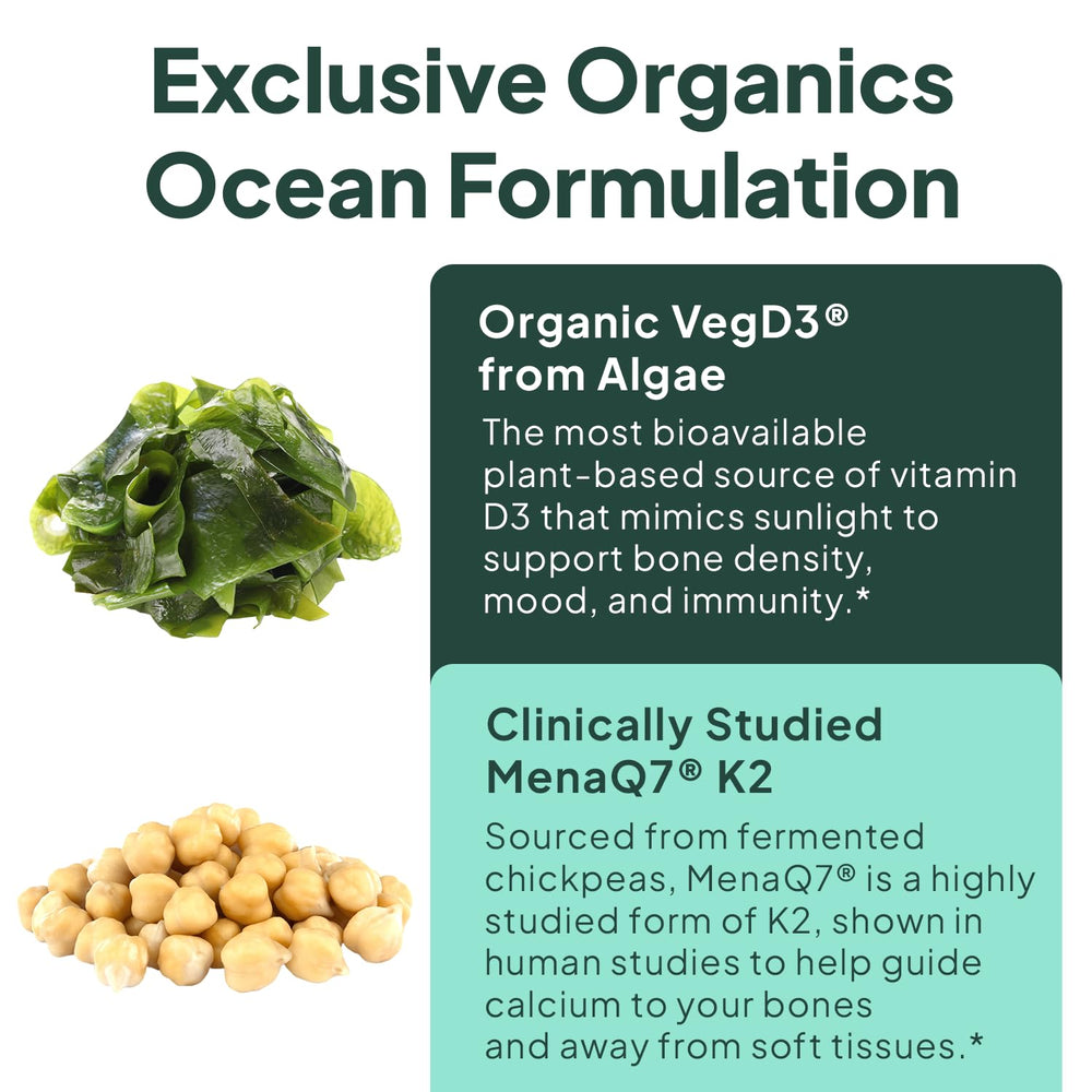 Organics Ocean botella abierta con softgels que sugiere suministro mensual práctico
