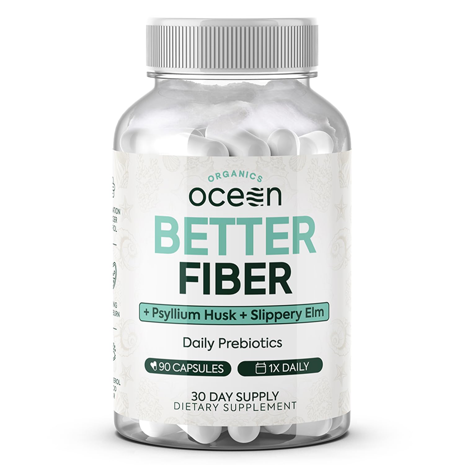 Organics Ocean frasco frontal mostrando la etiqueta y beneficios claros
