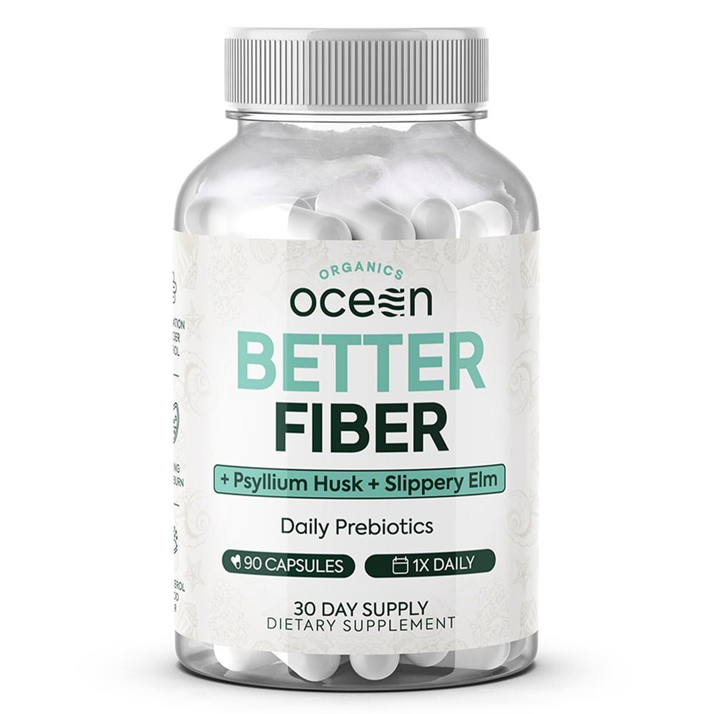 Organics Ocean frasco frontal mostrando la etiqueta y beneficios claros