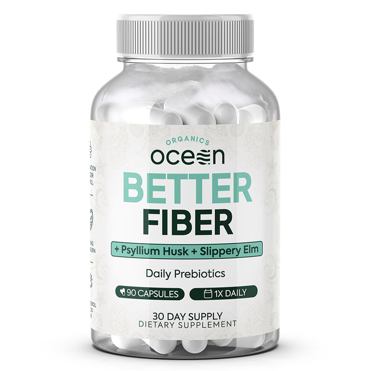 Organics Ocean frasco frontal mostrando la etiqueta y beneficios claros