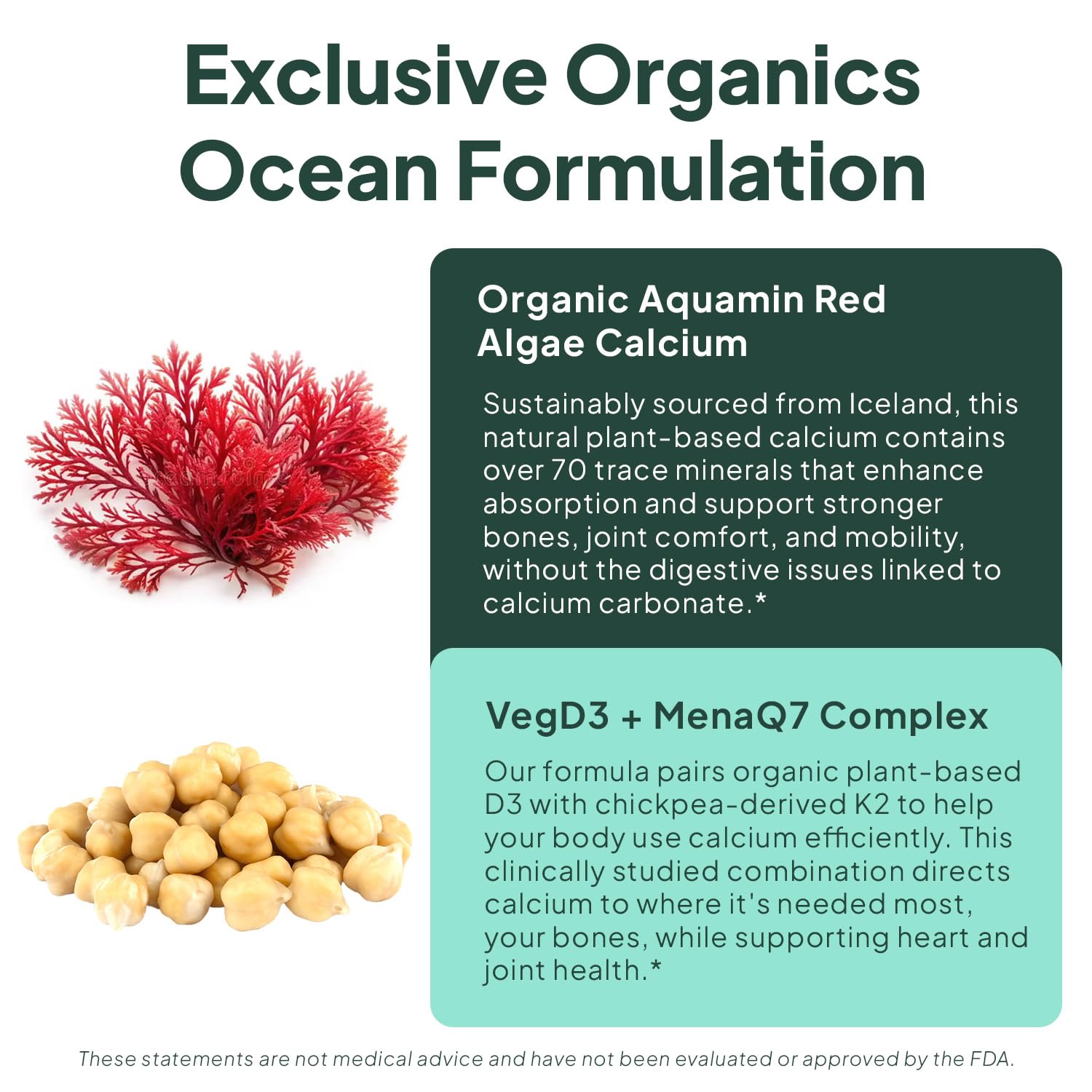 Organics Ocean etiqueta de ingredientes con VegD3 y MenaQ7 visibles