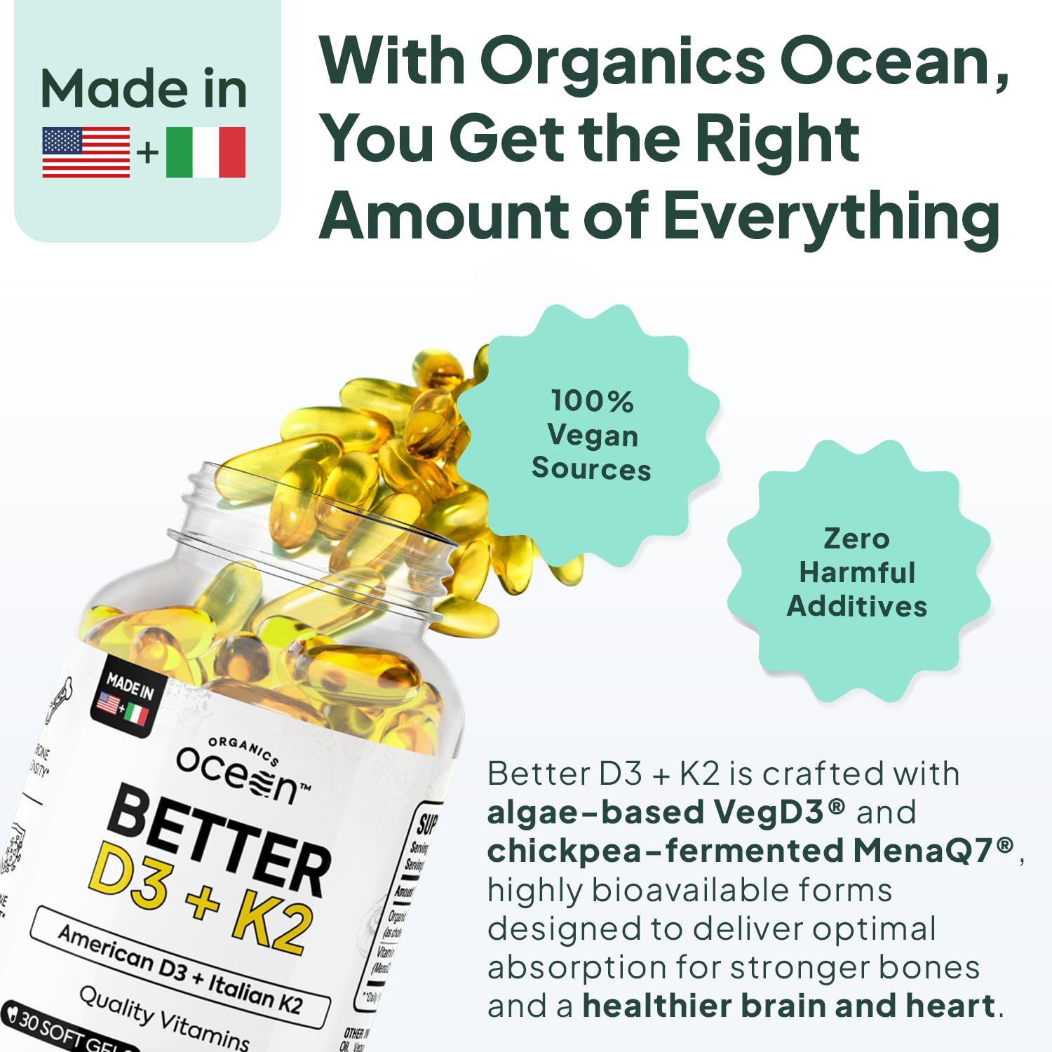 Organics Ocean softgel en mano para comparar tamaño y facilitar la toma diaria