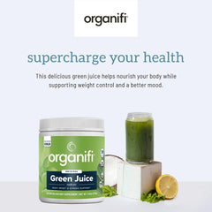 Vaso con Organifi Green Juice listo para beber y aportar energía