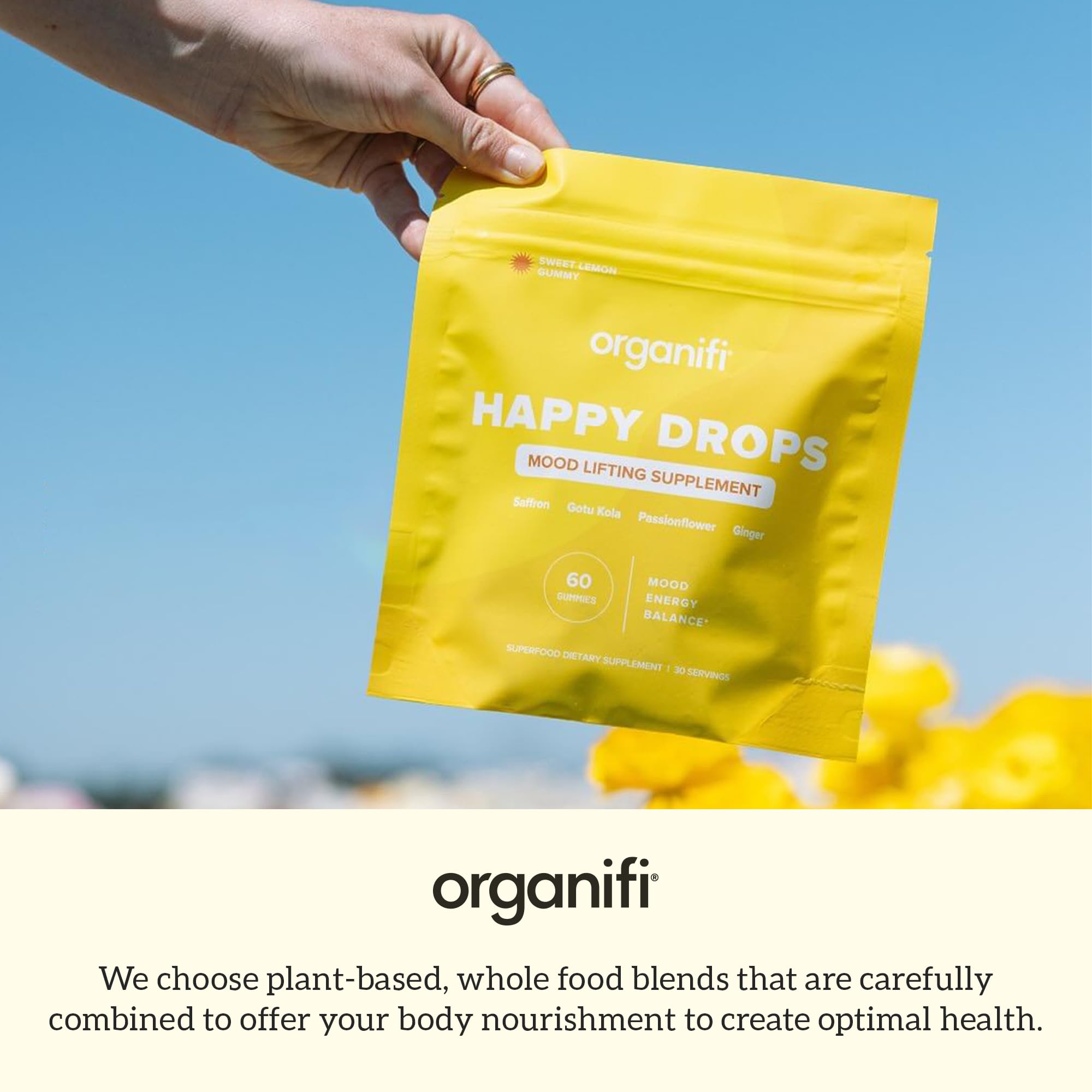 Organifi Happy Drops ambiente relajado con producto indicando bienestar cotidiano