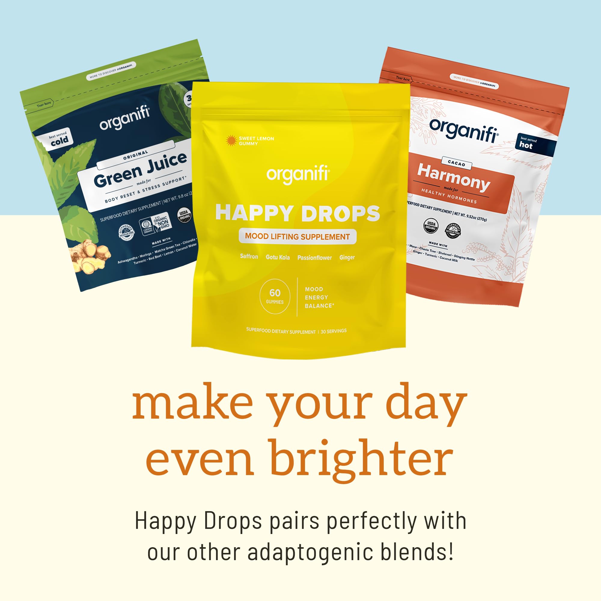 Organifi Happy Drops gomita junto a regla para comparación de tamaño claro