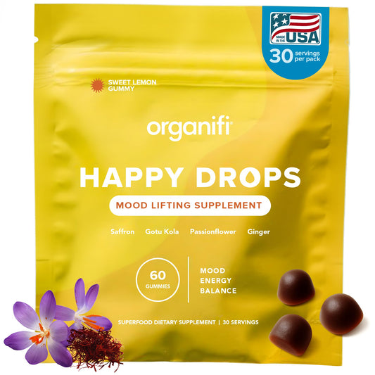 Organifi Happy Drops vista frontal del envase con beneficio de conveniencia