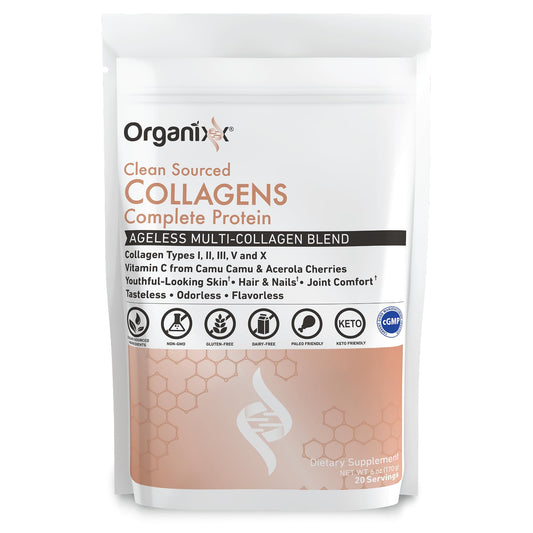 Organixx Clean Sourced Collagen Peptides frente del envase mostrando marca y tamaño
