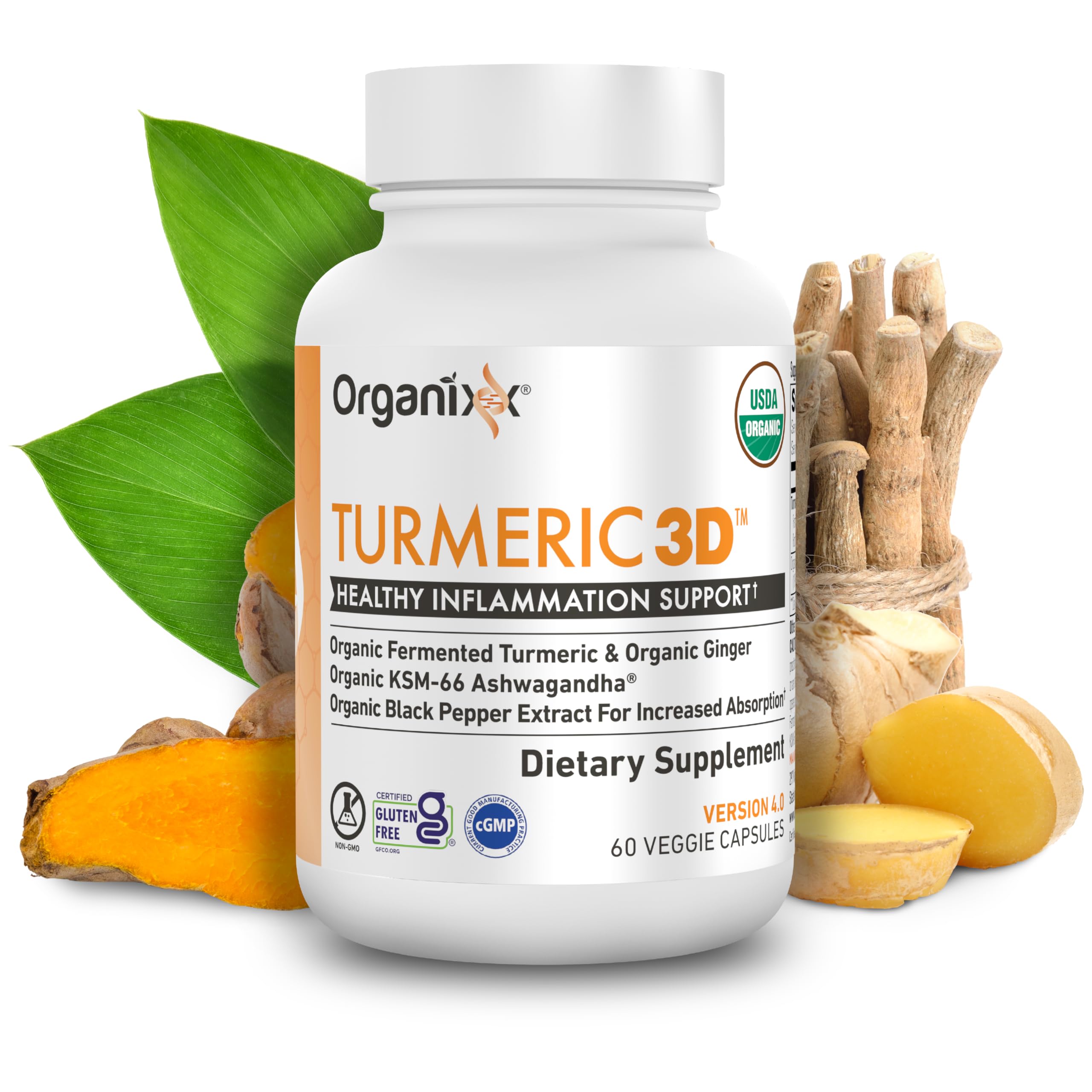 Organixx frasco frontal de Turmeric Curcumin con apariencia limpia y orgánica