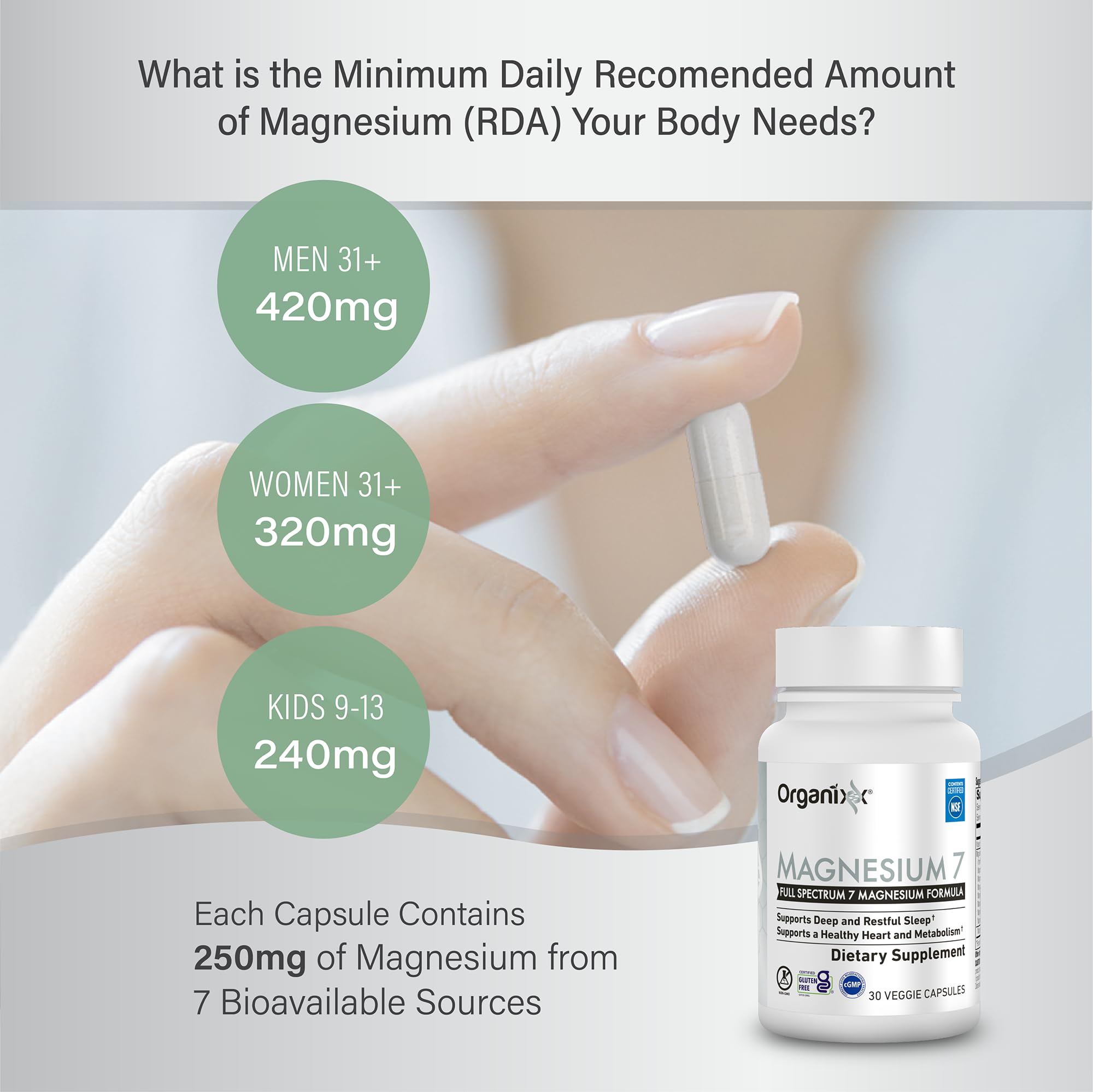 Organixx magnesium 7 cápsula en primer plano destacando fácil ingestión