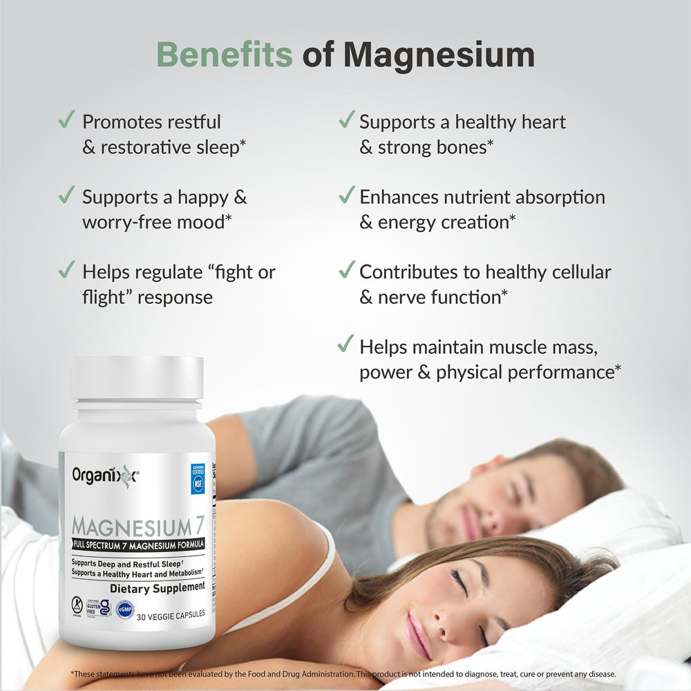 Organixx magnesium 7 en mesa de noche ilustrando apoyo al sueño