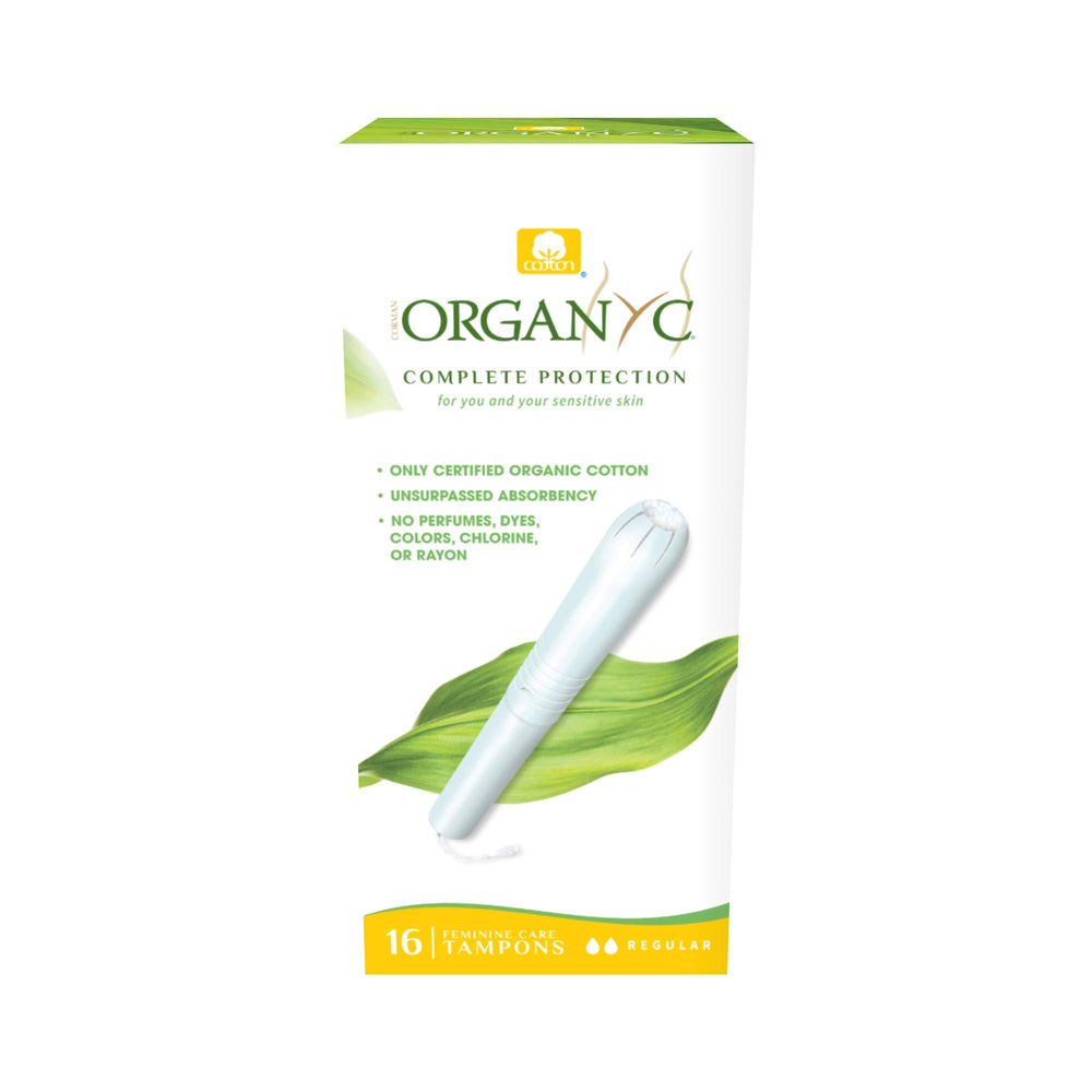 Organyc frente de la caja mostrando 16 tampones y beneficios naturales