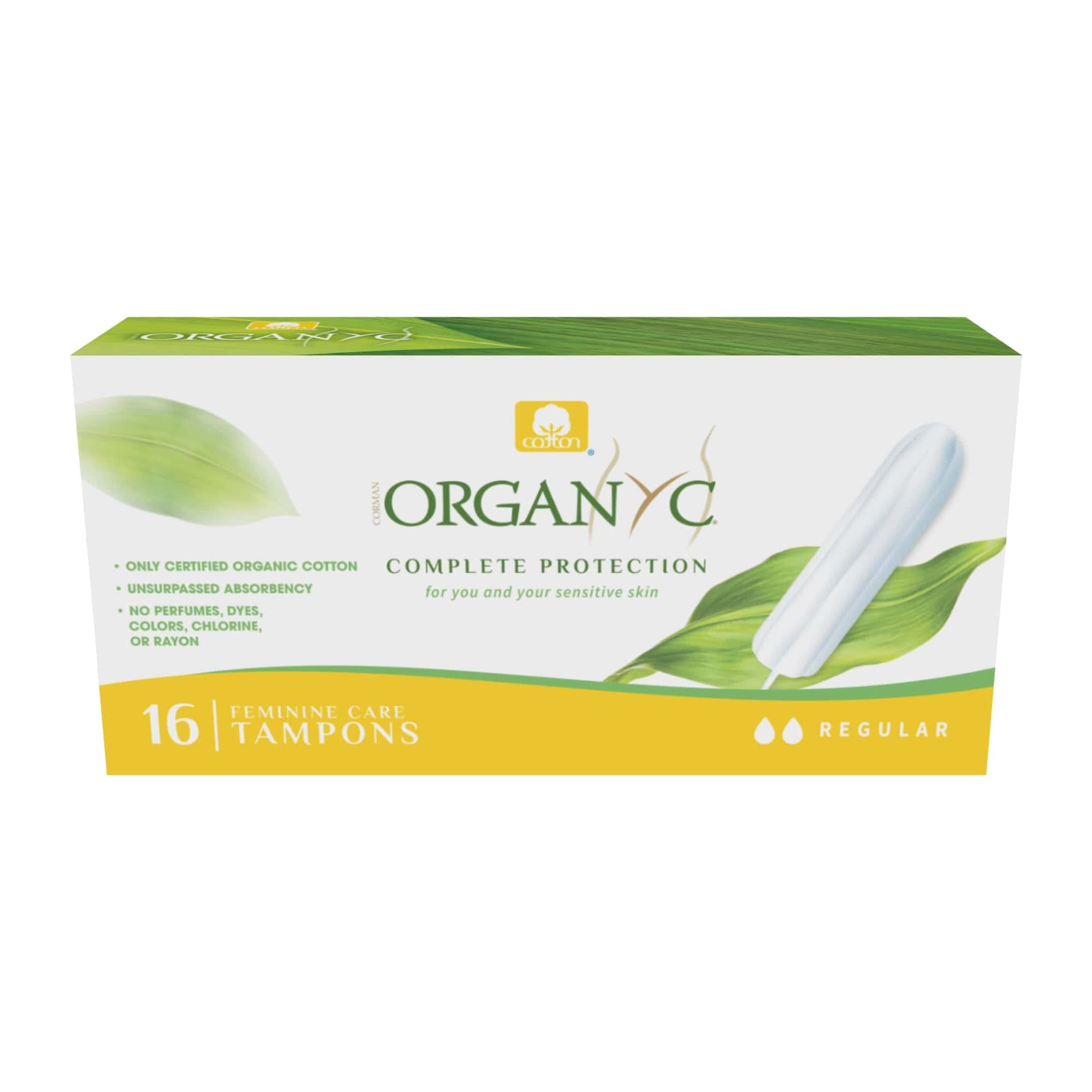 Organyc frente del paquete mostrando 16 tampones y beneficios naturales