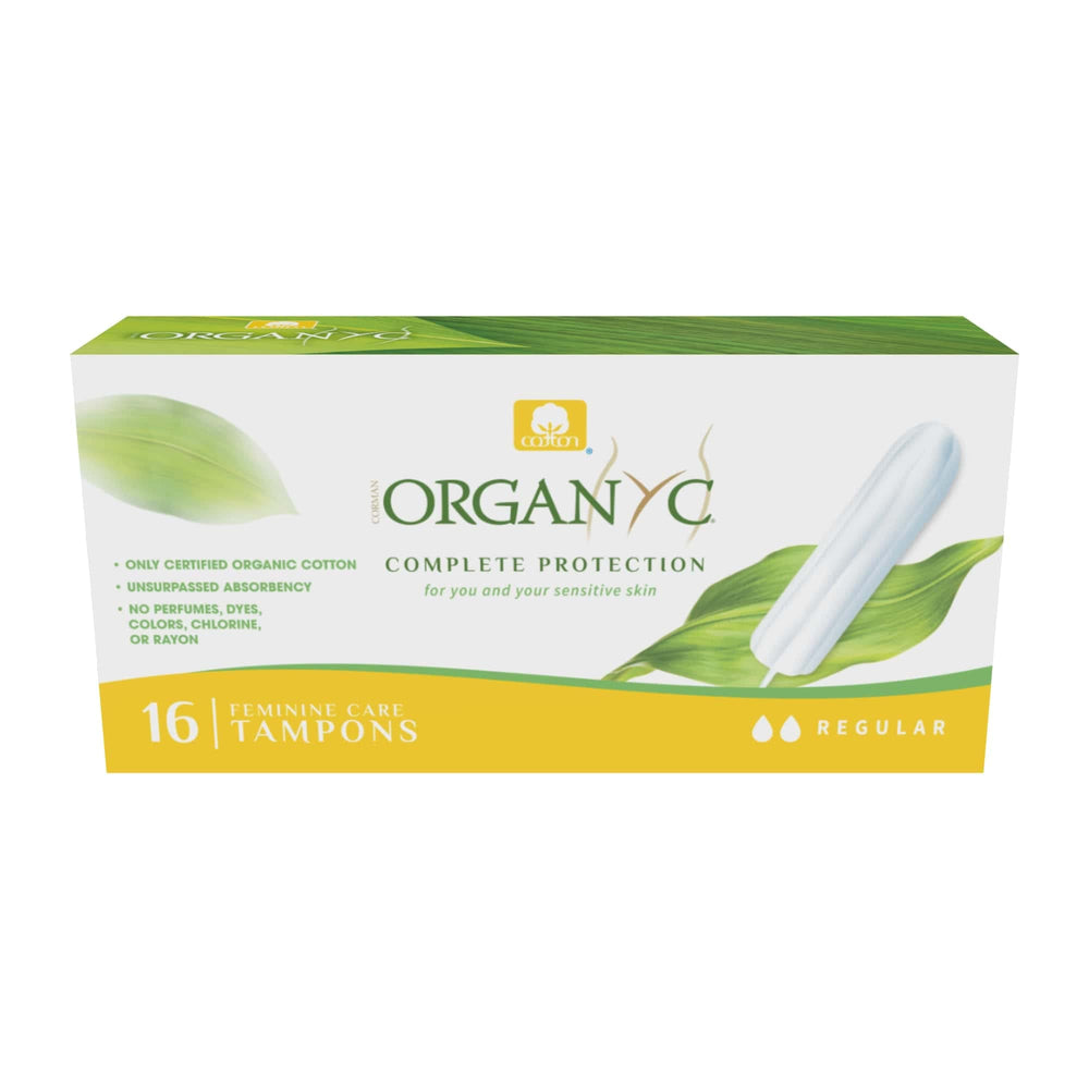Organyc frente del paquete mostrando 16 tampones y beneficios naturales
