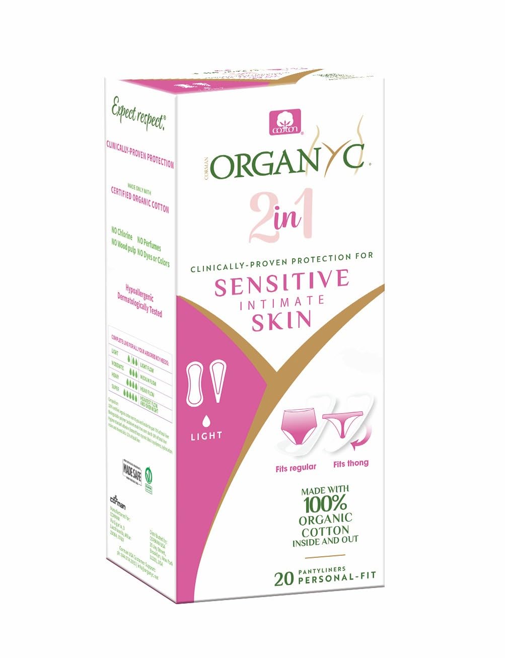 Organyc empaque frontal mostrando 20 unidades y beneficio de protección natural
