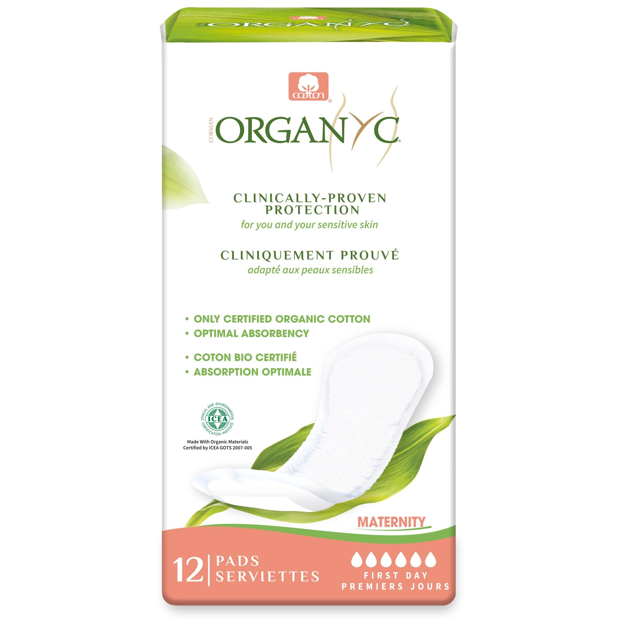 Organyc vista frontal del paquete con 12 almohadillas, protección confiable