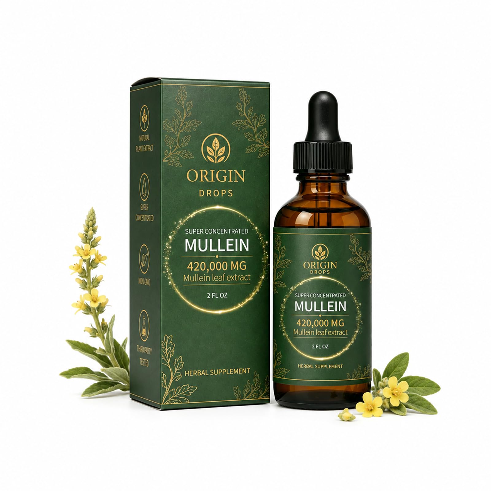 Origin Drops frasco frontal mostrando el diseño y volumen 2 fl oz, ideal para identificar el producto