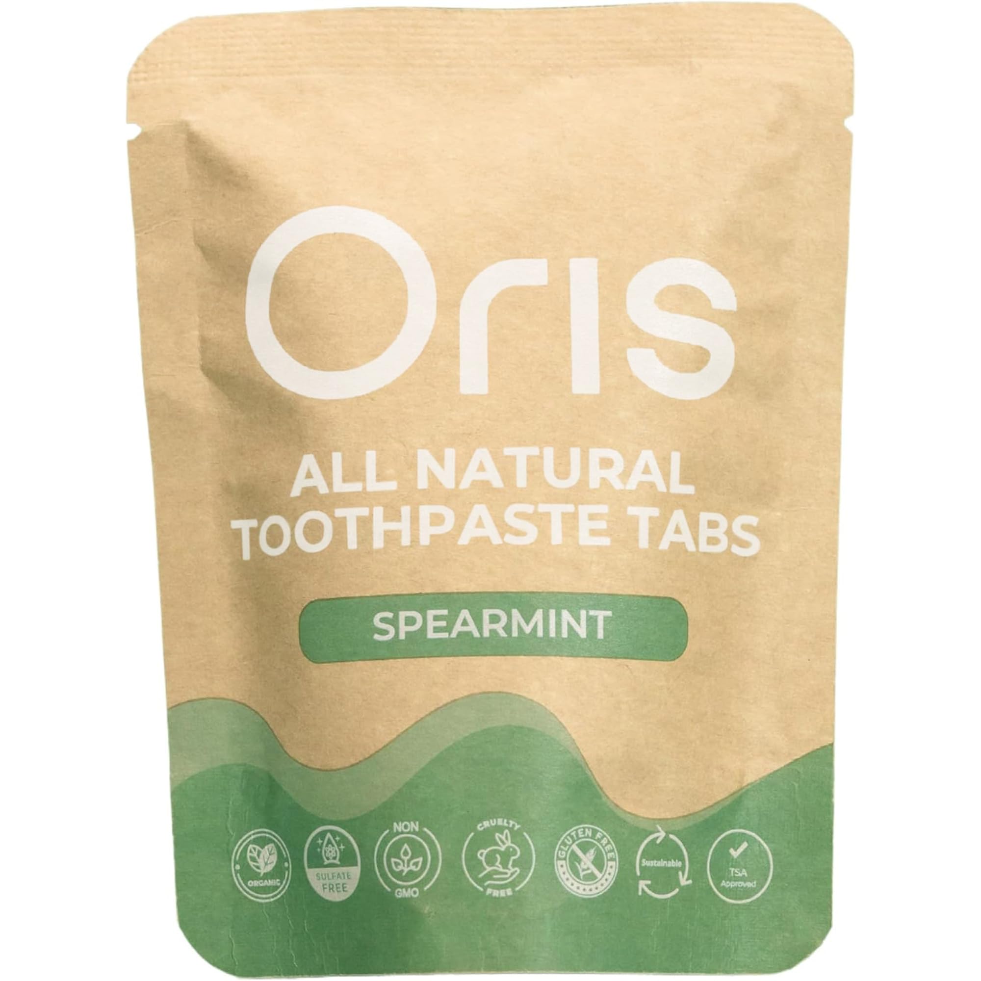 Oris Health frasco frontal mostrando 62 tabletas y diseño reciclable