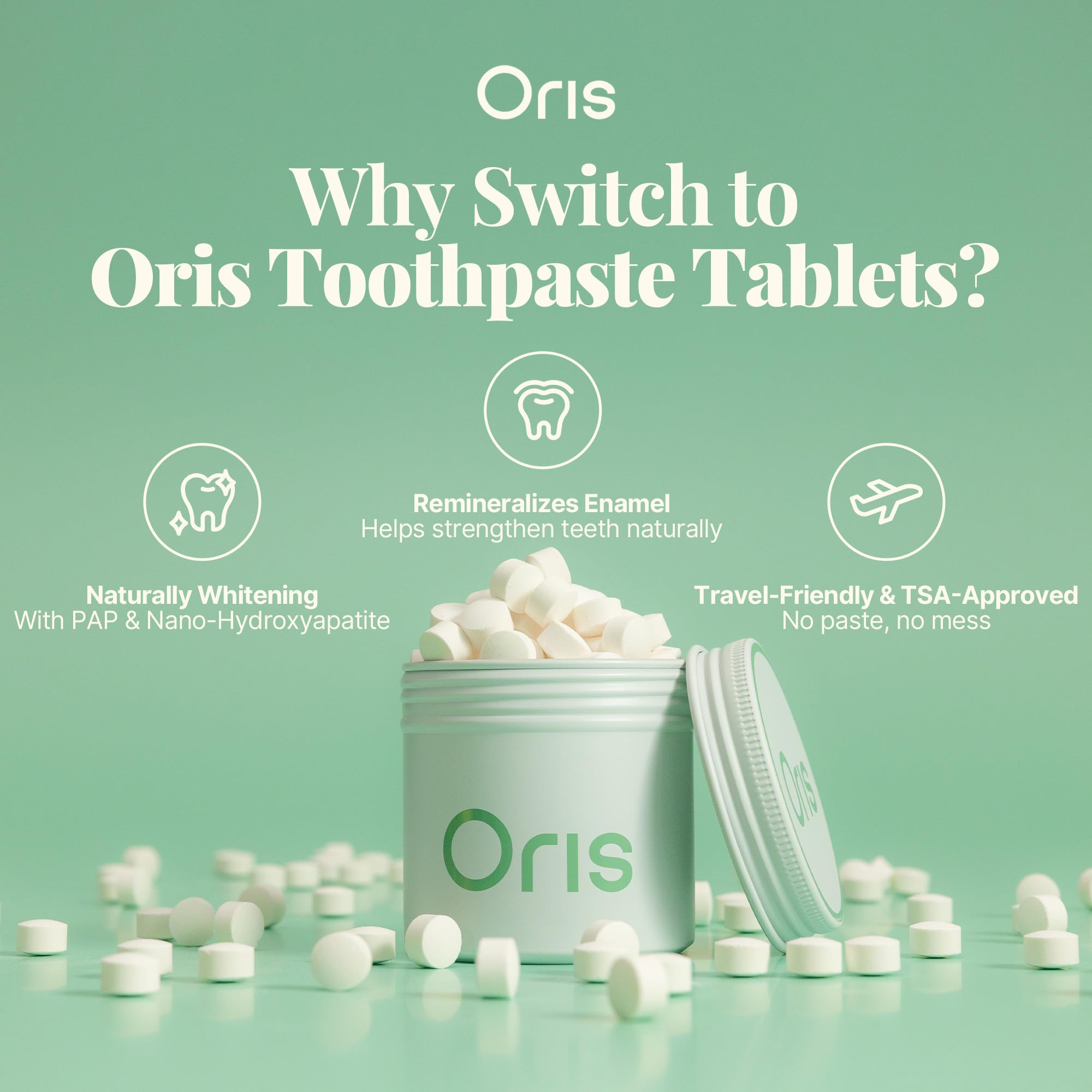 Oris Health persona masticando tableta antes de cepillar, limpieza rápida