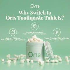 Oris Health persona masticando tableta antes de cepillar, limpieza rápida