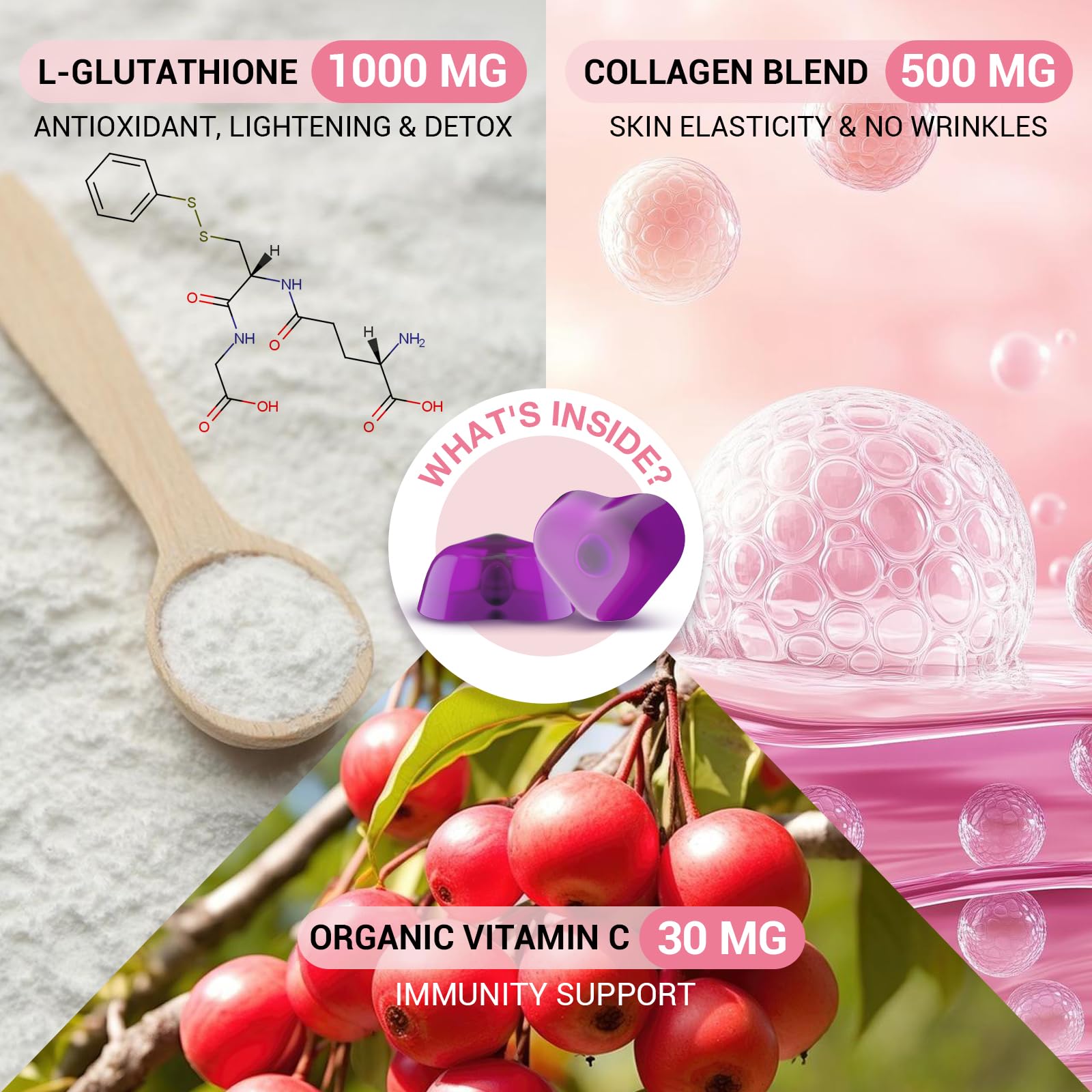 Orinthalixium ingredientes: camu camu y mezcla de colágeno vegano ilustrados