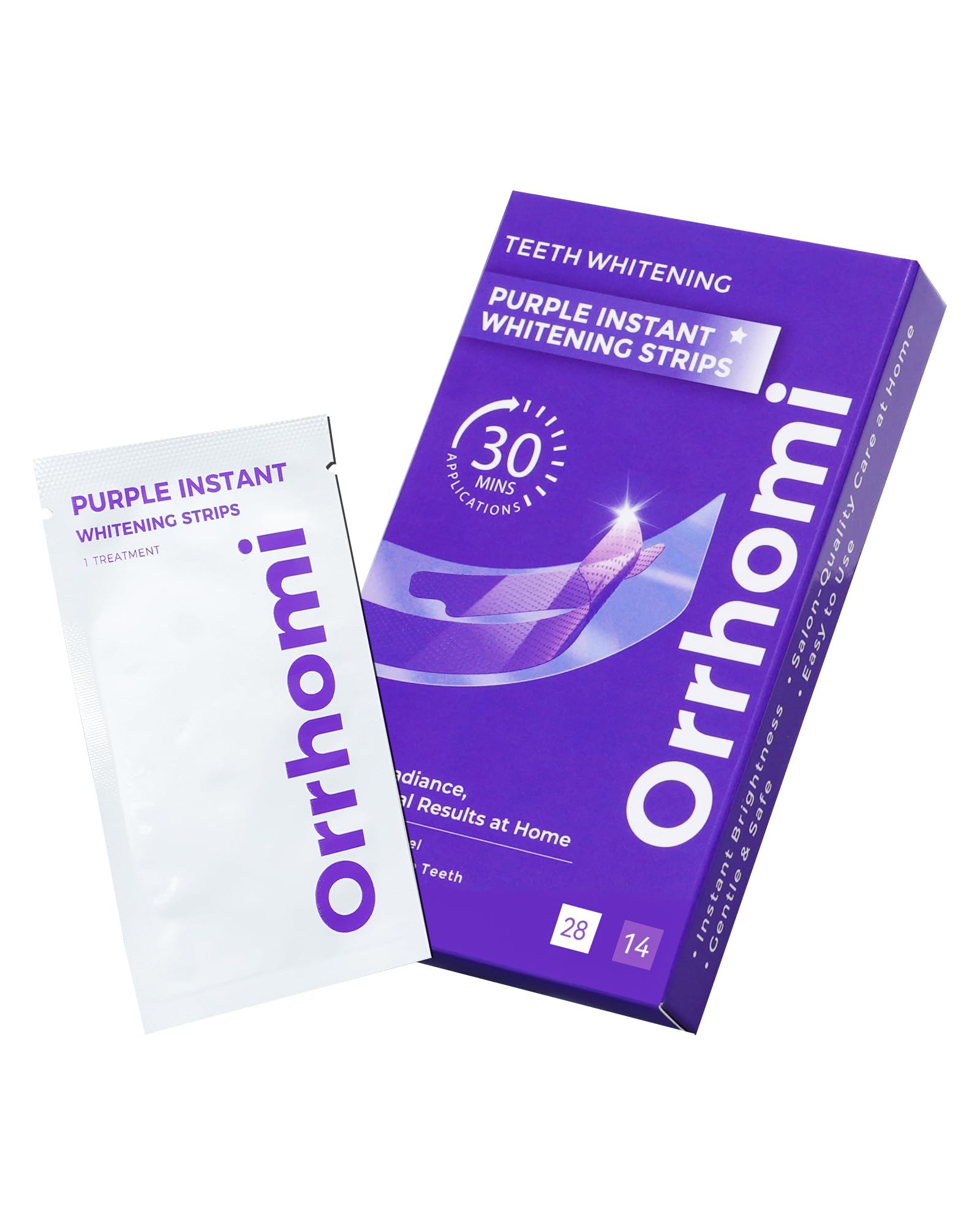 Orrhomi empaque frontal mostrando 14 tratamientos y beneficio de blanqueado visible