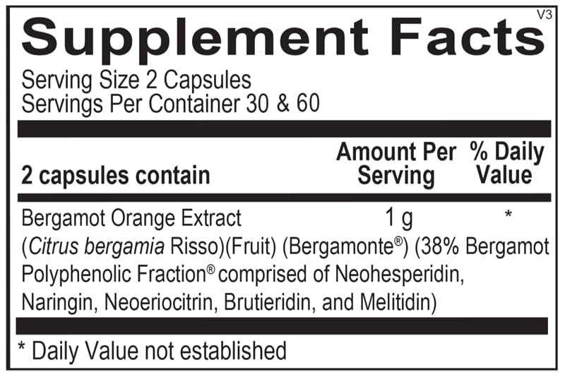 Ortho Molecular Products cápsula de Bergamot BPF en primer plano, textura y formato fácil