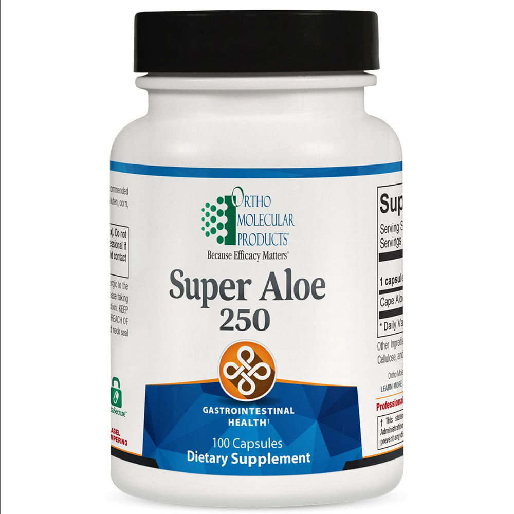 Ortho Molecular Products frasco Super Aloe 250 frente, muestra etiqueta y beneficio natural