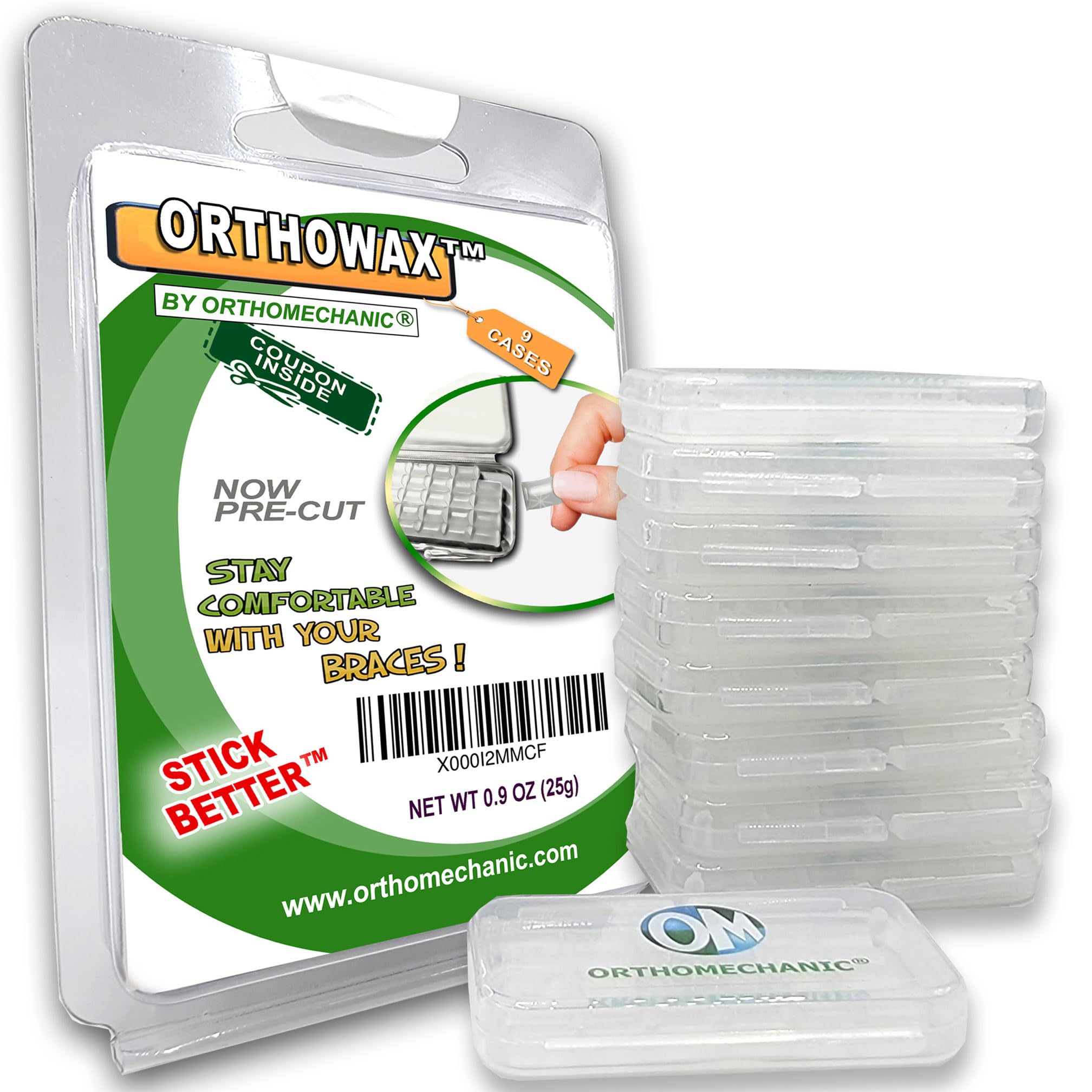 Orthomechanic Orthowax frontal del empaque mostrando el diseño y portabilidad