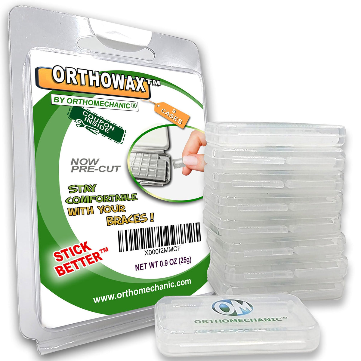 Orthomechanic Orthowax frontal del empaque mostrando el diseño y portabilidad
