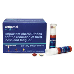 Orthomol Vital M empaque frontal mostrando rotulación clara y beneficios