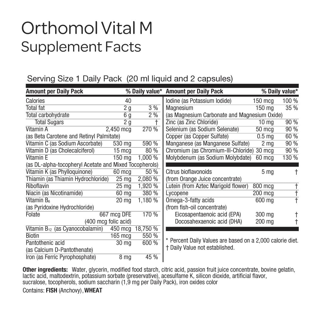Orthomol Vital M líquido omega‑3 vertiéndose para absorción eficiente