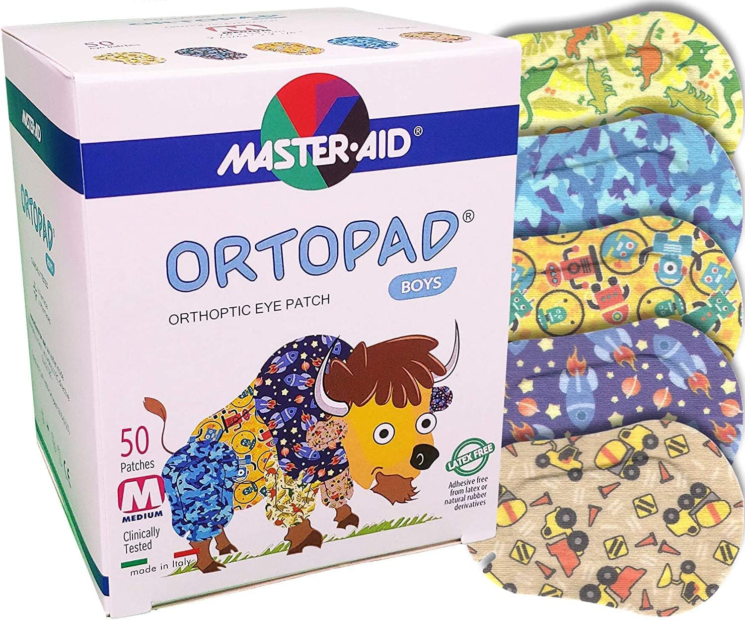 Ortopad parche junto a regla para comparar tamaño mediano, ajuste perfecto