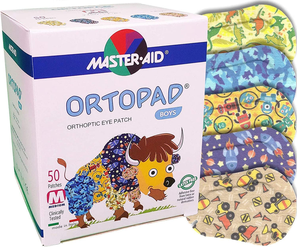 Ortopad parche junto a regla para comparar tamaño mediano, ajuste perfecto