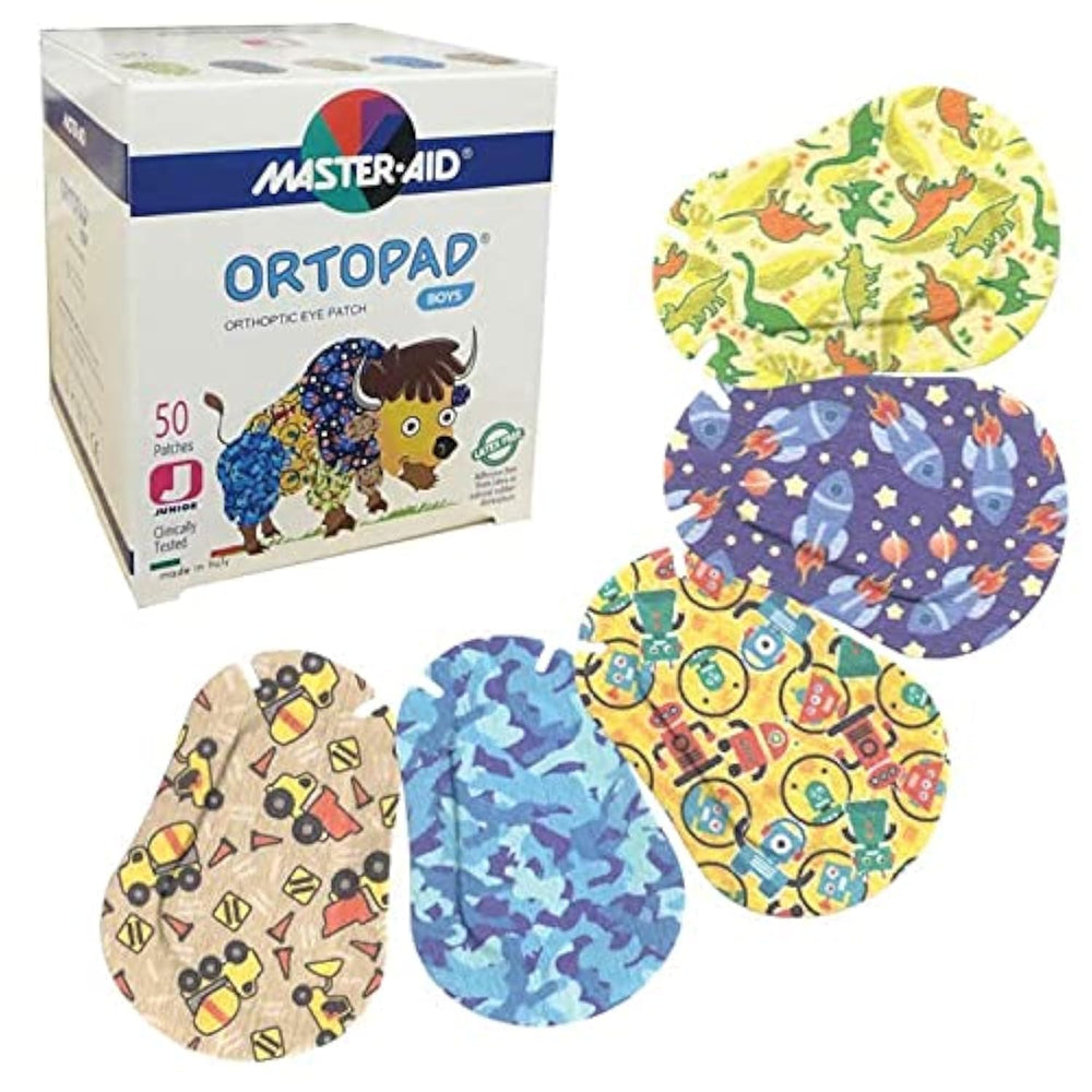 Ortopad empaque frontal Blue Camo mostrando 50 parches, confort inmediato