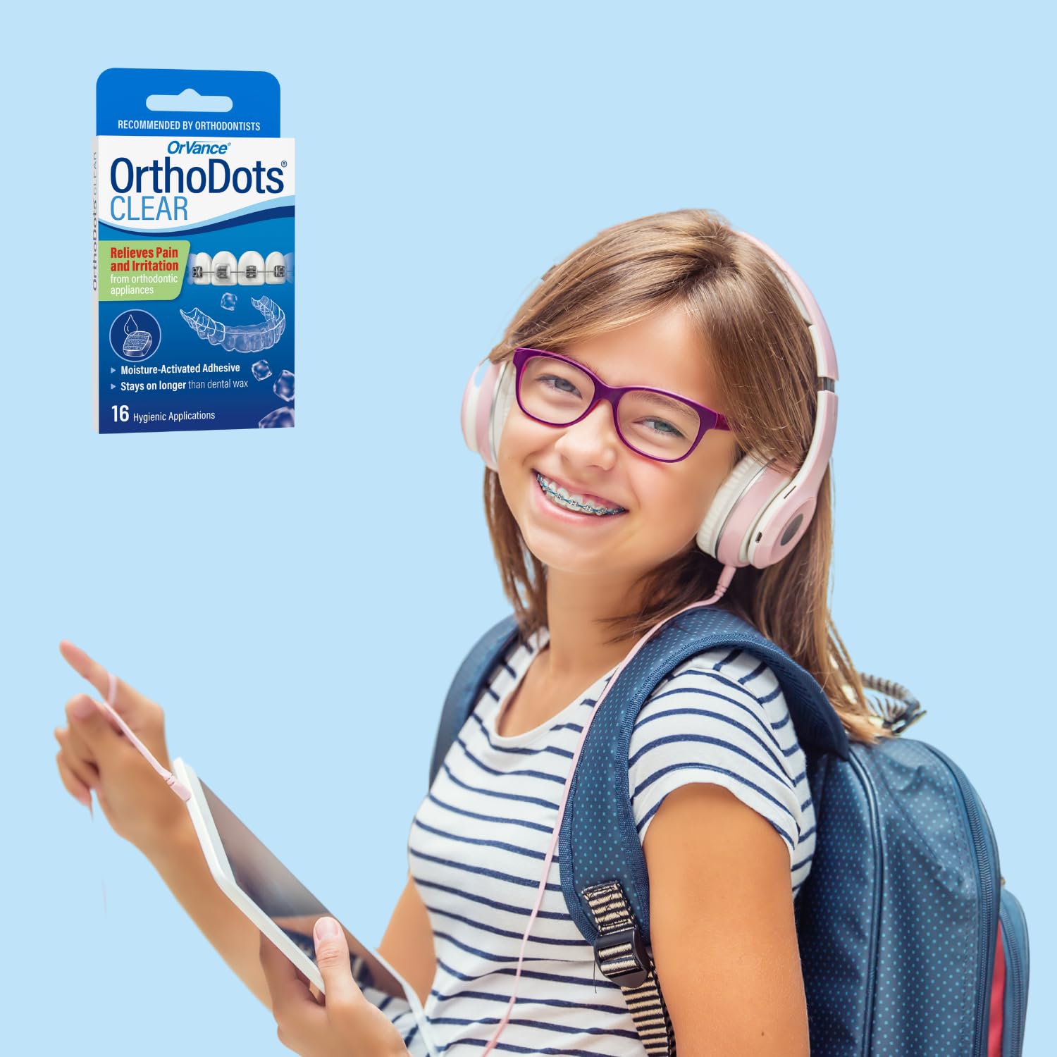 ORVANCE OrthoDots CLEAR colocado en un bracket, reduce la irritación al masticar