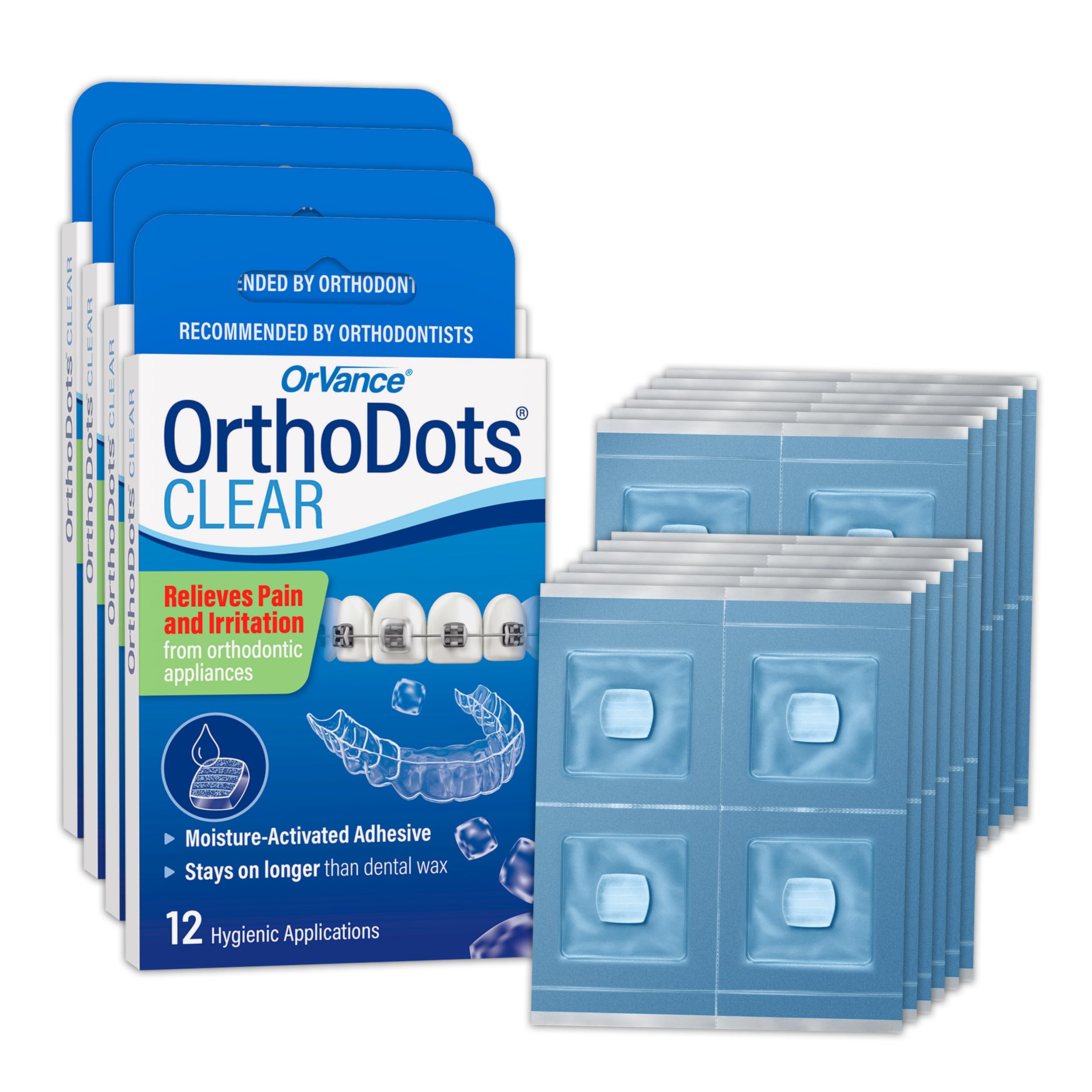 ORVANCE OrthoDots CLEAR frente del empaque, protección clara y portátil