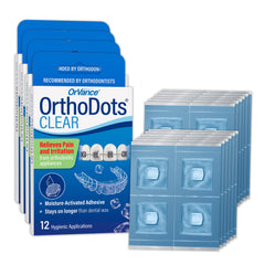 ORVANCE OrthoDots CLEAR frente del empaque, protección clara y portátil