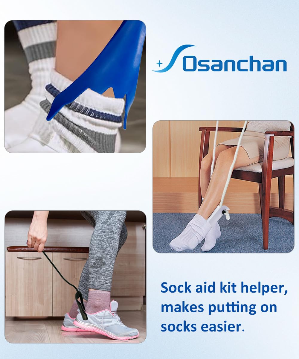 Osanchan persona sentada usando el dispositivo para ponerse un calcetín rápidamente
