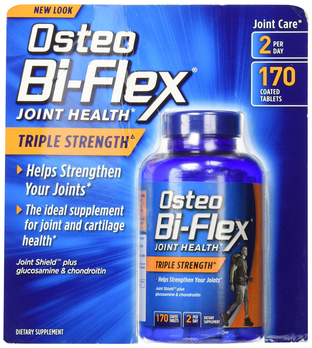 Osteo Bi-Flex frente del envase mostrando 170 caplets y beneficios de ingredientes