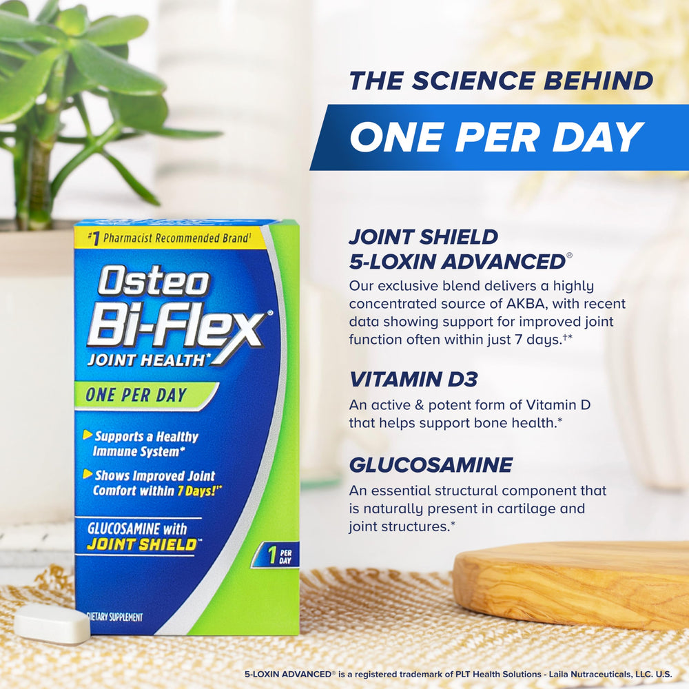 Osteo Bi-Flex caja junto a un vaso en mesa para rutina diaria sencilla