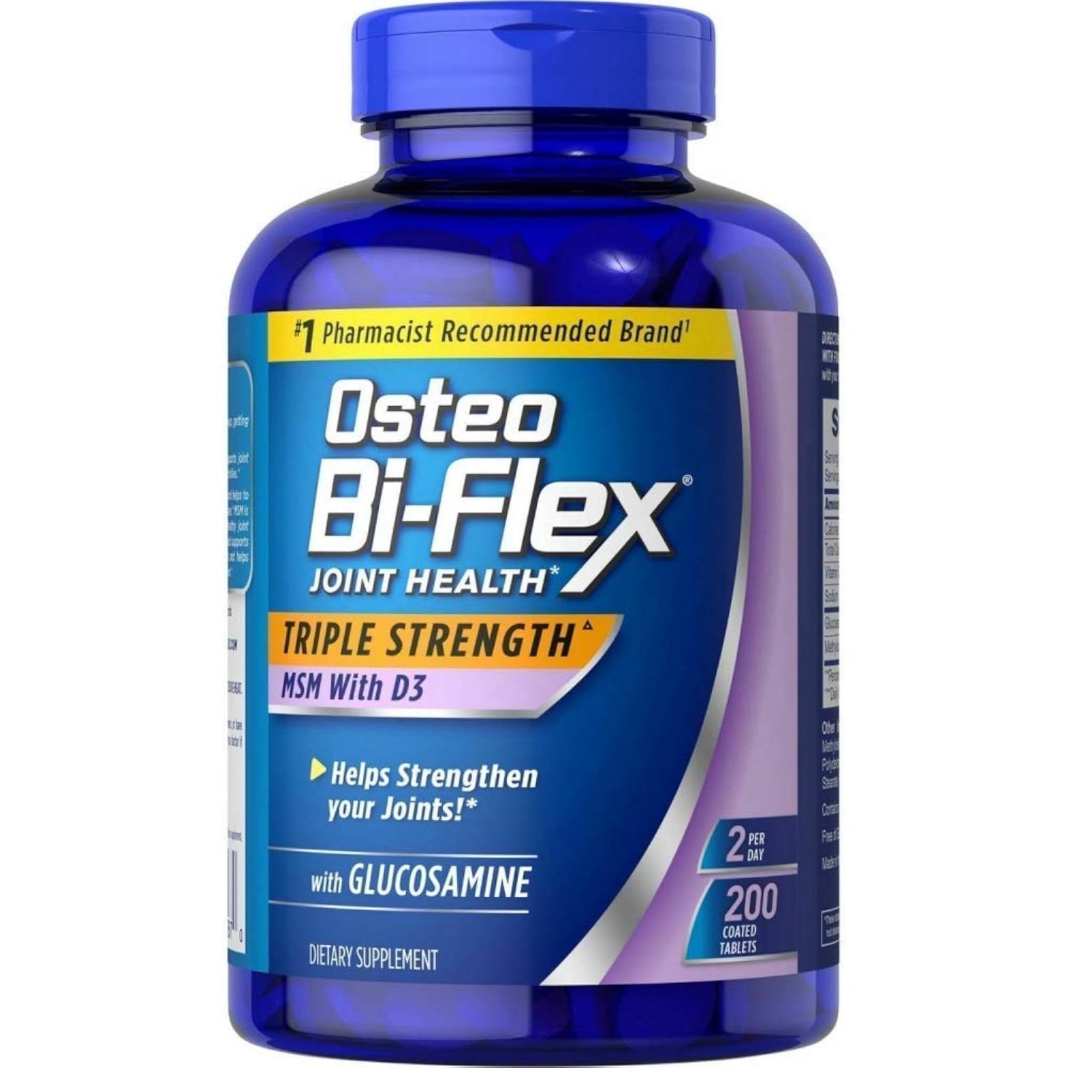 Osteo Bi-Flex frasco frontal mostrando etiqueta y 200 tabletas, beneficio conveniencia