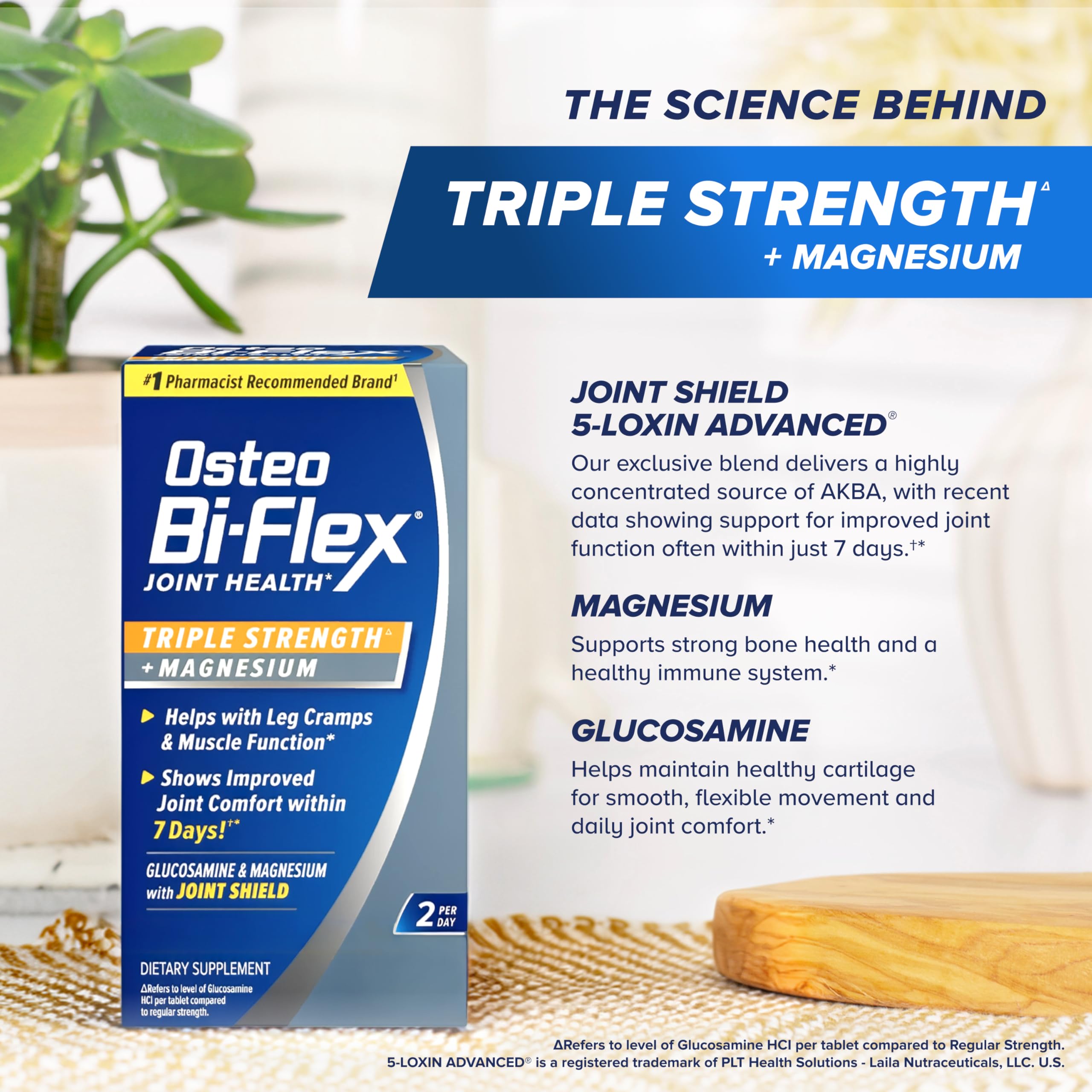 Osteo Bi-Flex ingredientes glucosamina y magnesio en foco, soporte dual