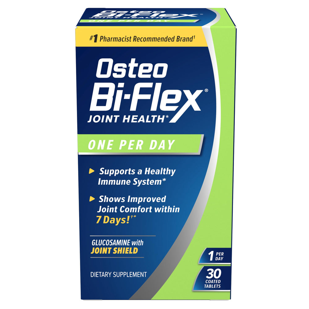 Osteo Bi-Flex One Per Day frente del empaque mostrando la dosis diaria y beneficio