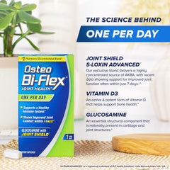 Osteo Bi-Flex tableta junto a un vaso en cocina para recordar la toma diaria