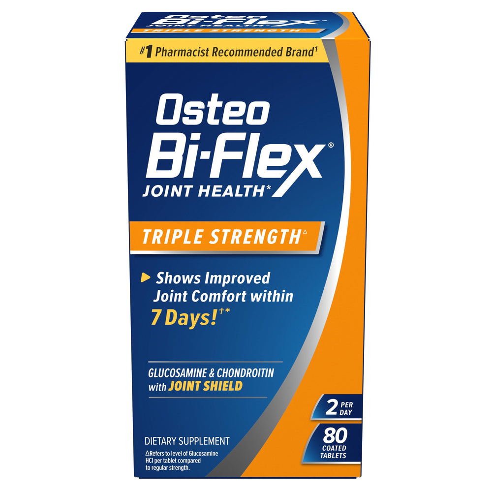 Osteo Bi-Flex frente del empaque mostrando la fuerza triple y fácil identificación