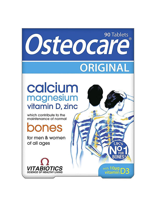 Osteocare Vitabiotics frente del envase que muestra 90 comprimidos y beneficios claros