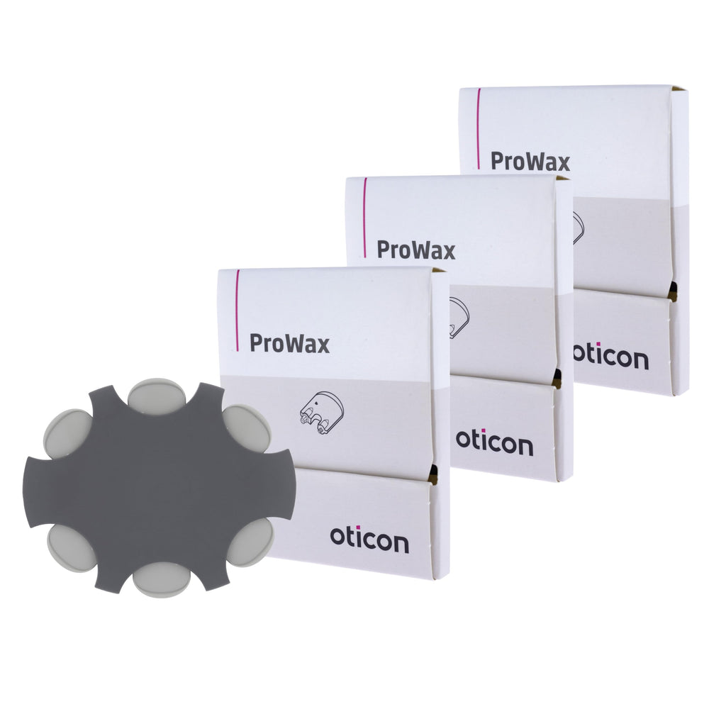 Oticon ProWax frontal del paquete mostrando 3 blísteres, Oticon protege el receptor