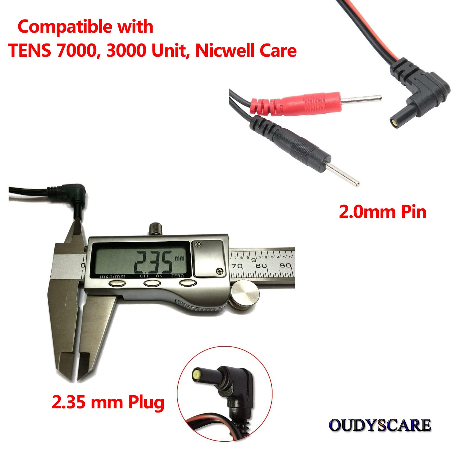 OUDYSCARE cable conectado a una unidad TENS demostrando ajuste