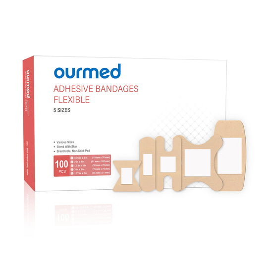 Ourmed empaque frontal mostrando 100 piezas y variedad útil
