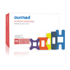 Ourmed empaque frontal mostrando 100 curitas, protección práctica